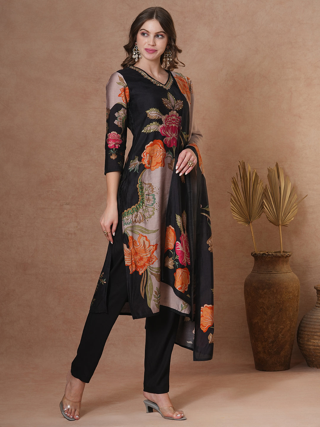 FASHOR Floral Printed & Embroidered Straight Fit Kurta with Pant and Dupatta - Black - view 5