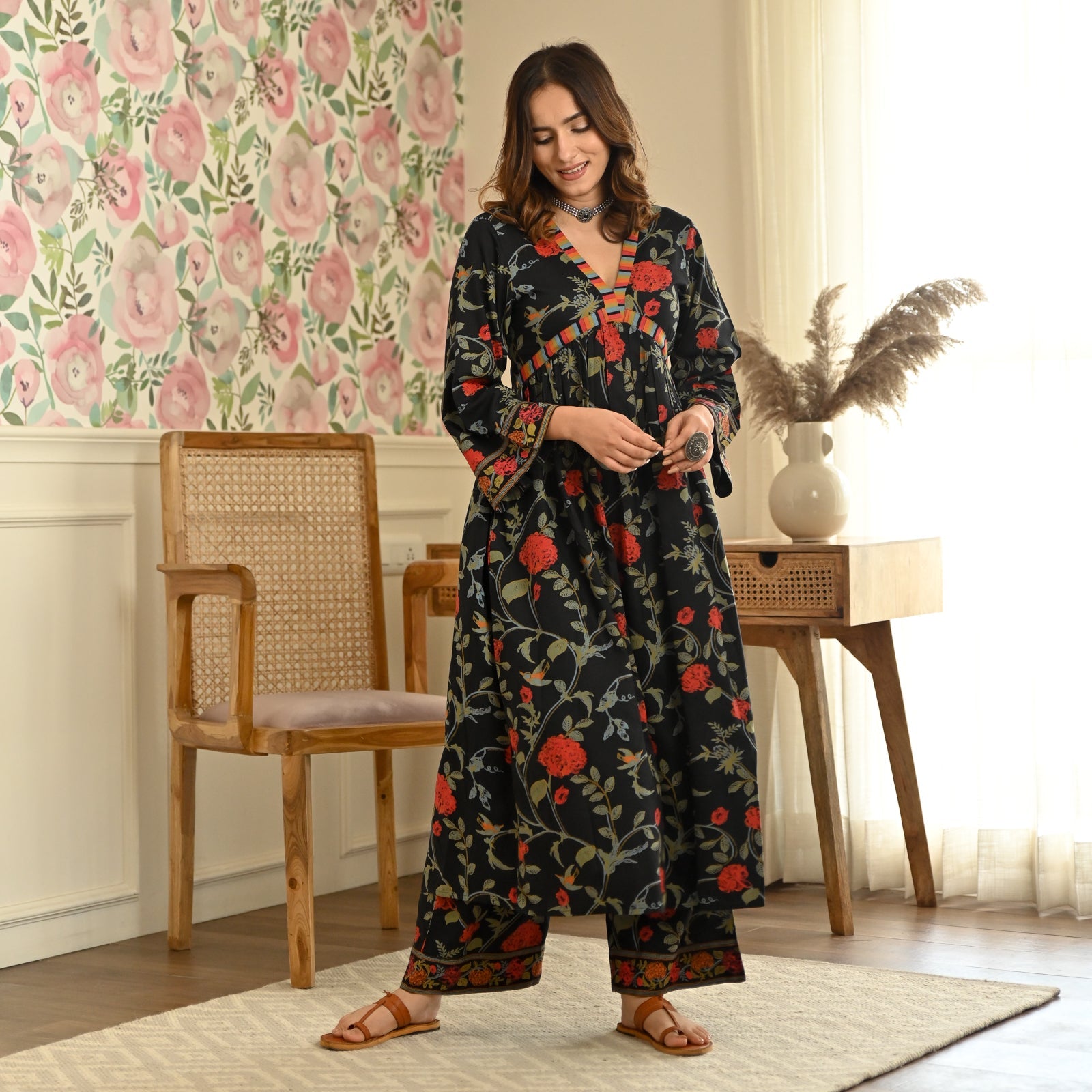 BlackTree Black Front Gathered Kurta Pant Set - view 6