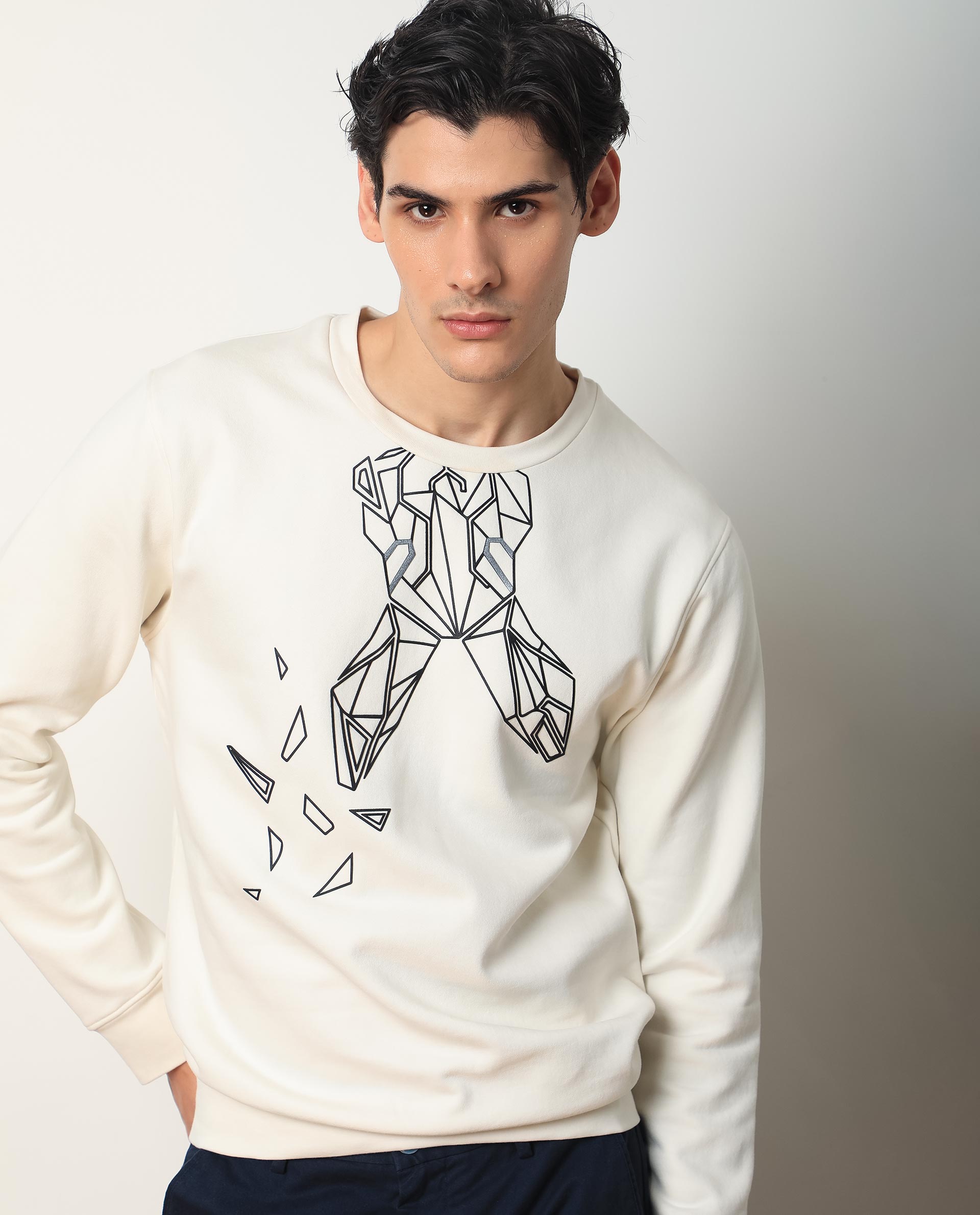 Rare Rabbit Mens Oakk Off White Full Sleeves Crew Neck Graphic Logo Print Sweatshirt - view 9