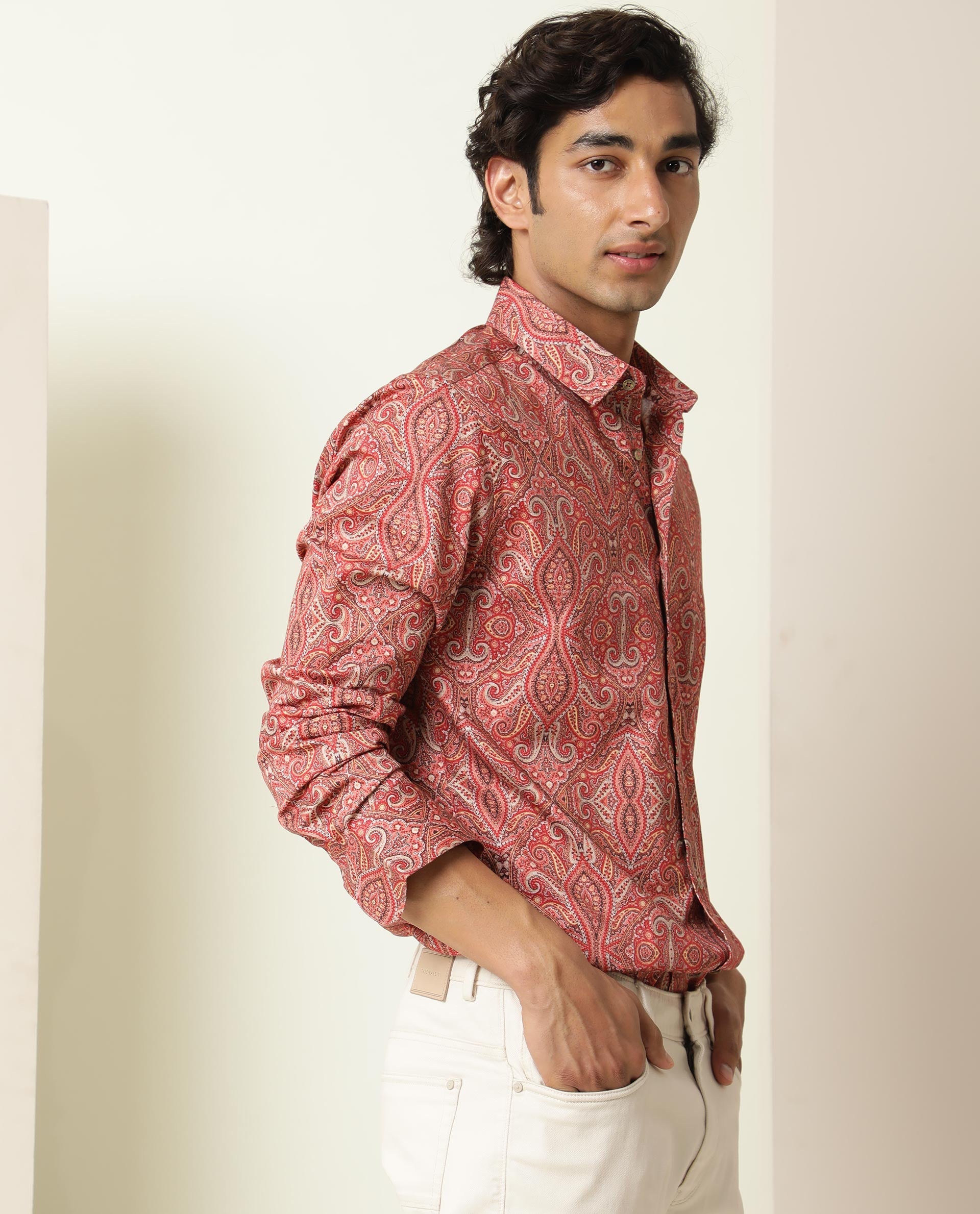 Rare Rabbit Men's Moire Red Cotton Fabric Paisley Print Full Sleeves Shirt - view 6