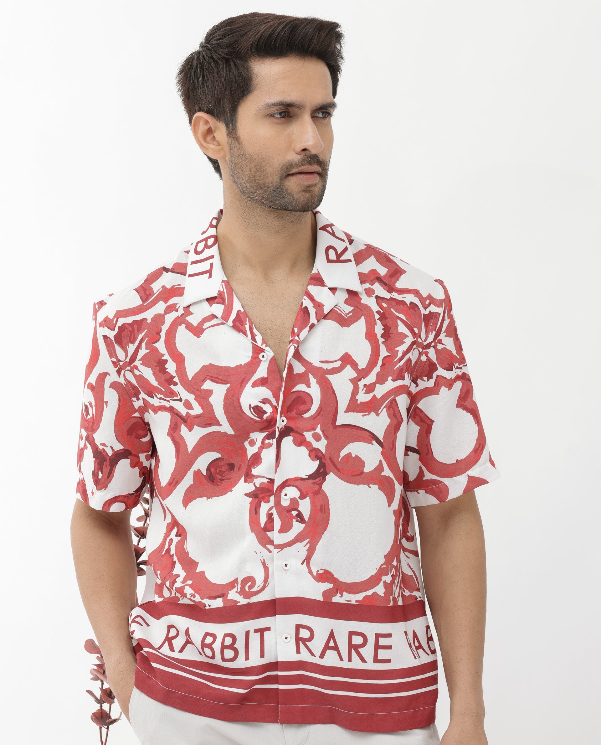Rare Rabbit Mens Bordin Red Viscose Fabric Half Sleeves Cuban Collar Boxy Fit Abstract Print Shirt - view 7