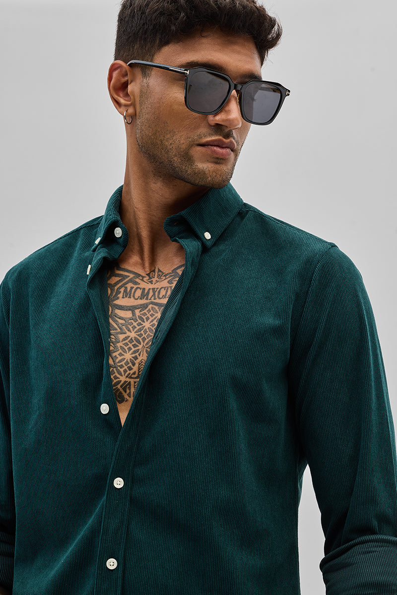 SNITCH Dark Green Slim Fit Corduroy Shirt - view 4