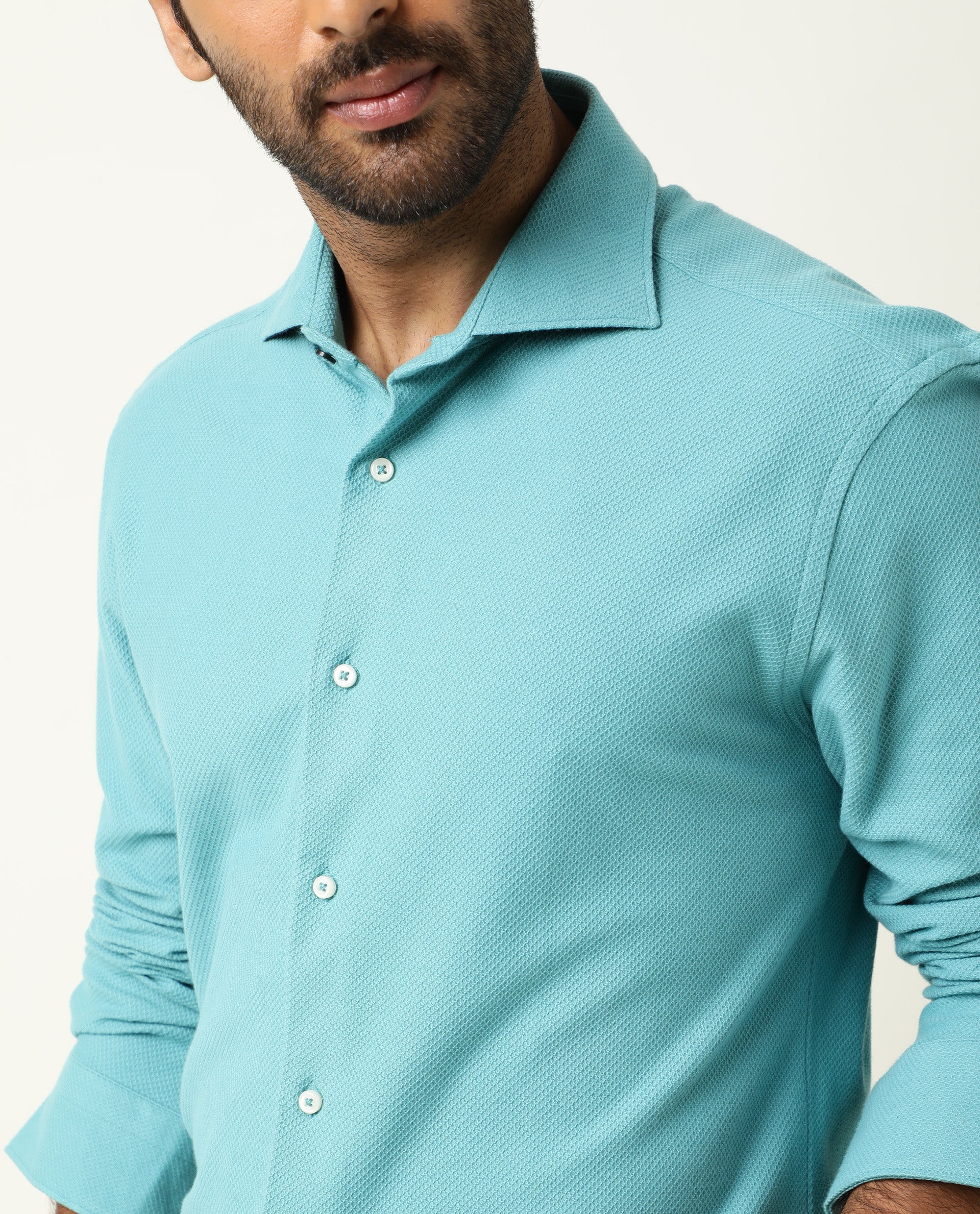 Rare Rabbit Men's Venezya Turq Shirt Cotton Fabric Collared Neck Full Sleeves Button Closure Slim Fit - view 4