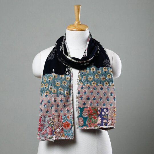 STOLES & SCARVES Black - Sanganeri Block Printed Patchwork Cotton Stole