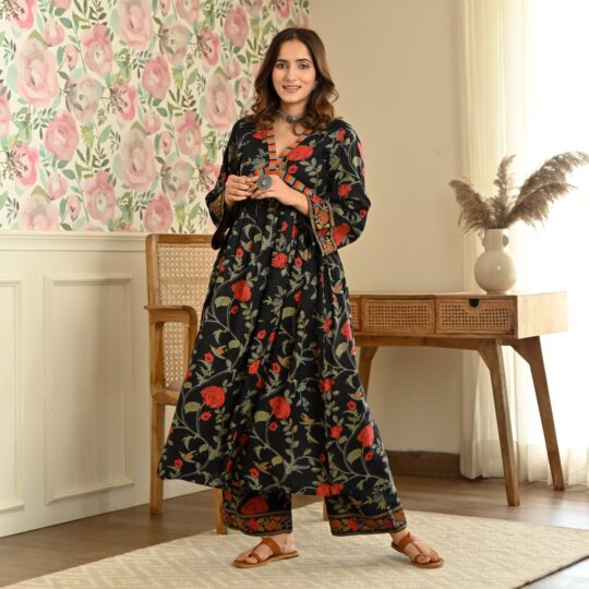 BlackTree Black Front Gathered Kurta Pant Set
