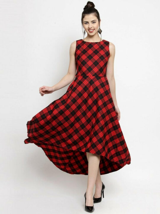 Women Checked Red Round Neck Dress..
