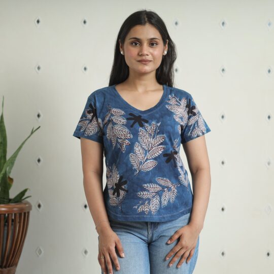 BINDAAS UNLIMITED Blue - Bindaas Block Art Printed Cotton Women V Neck T-shirt 13 - view 2