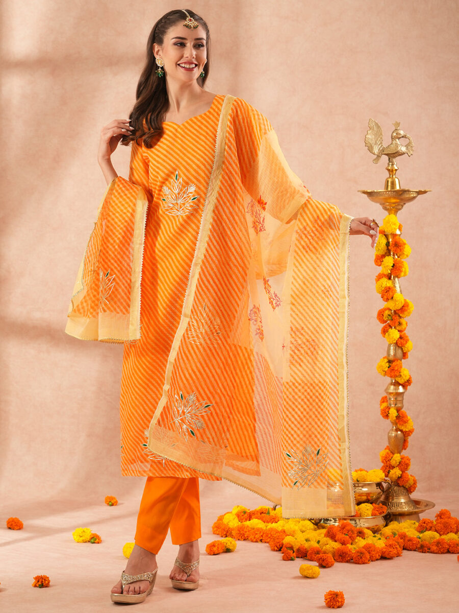 FASHOR Leheriya Printed & Gota Embroidered Straight Kurta with Pant & Dupatta - Orange