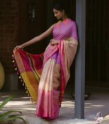 RmKV Multi-colour Muppagam Handloom Linen saree with Temple Border