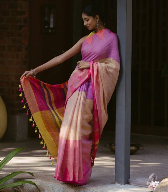 RmKV Multi-colour Muppagam Handloom Linen saree with Temple Border