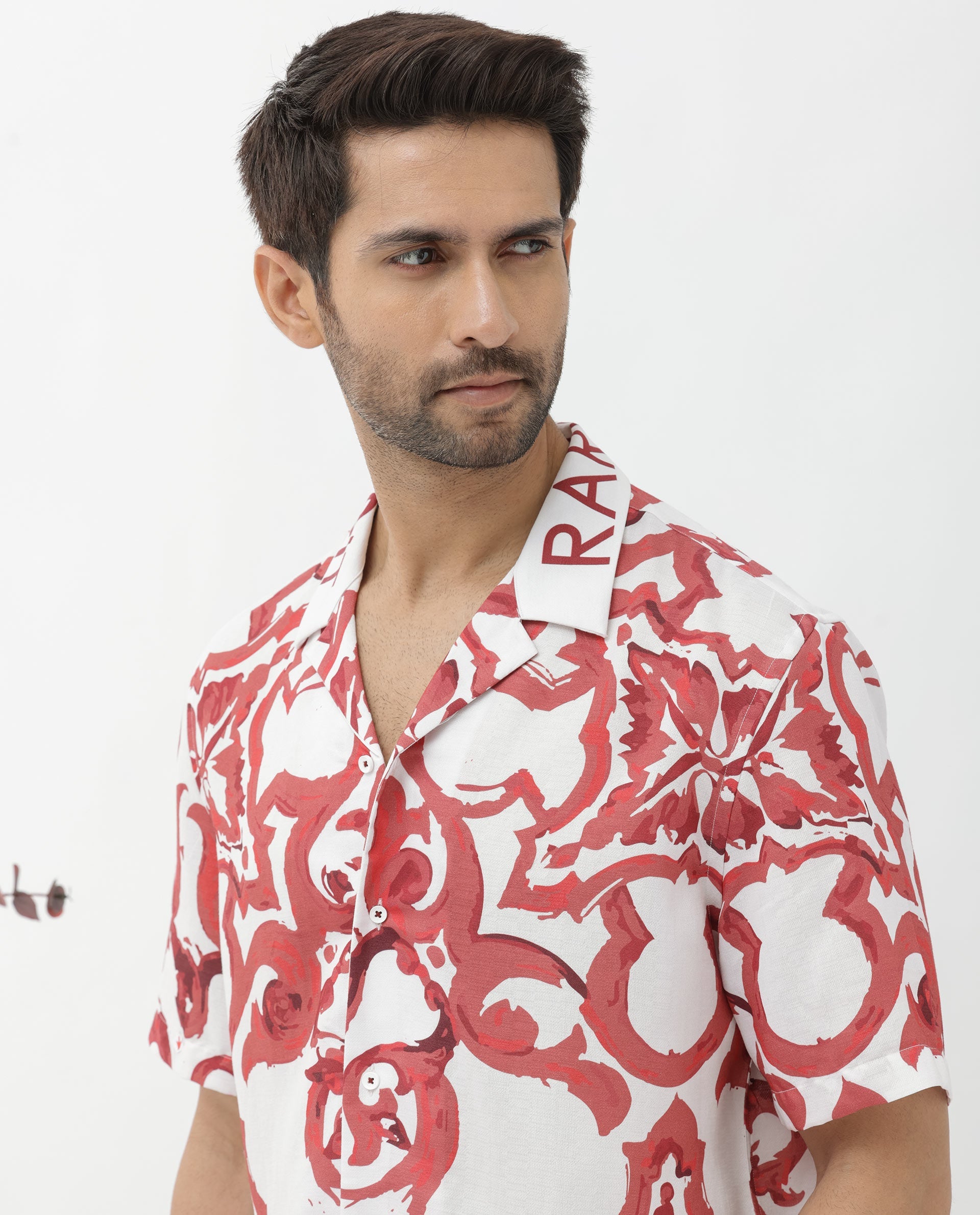 Rare Rabbit Mens Bordin Red Viscose Fabric Half Sleeves Cuban Collar Boxy Fit Abstract Print Shirt - view 9