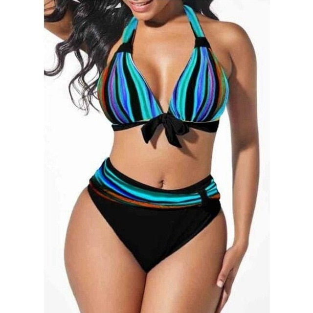 Neon Striped Bikini Set Push Up for Women's.