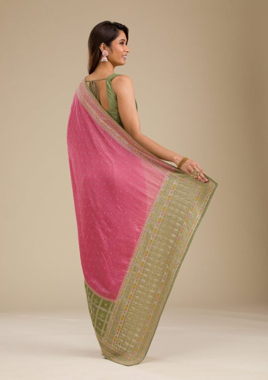 Koskii Pista Green Threadwork Soft Silk Saree - view 2
