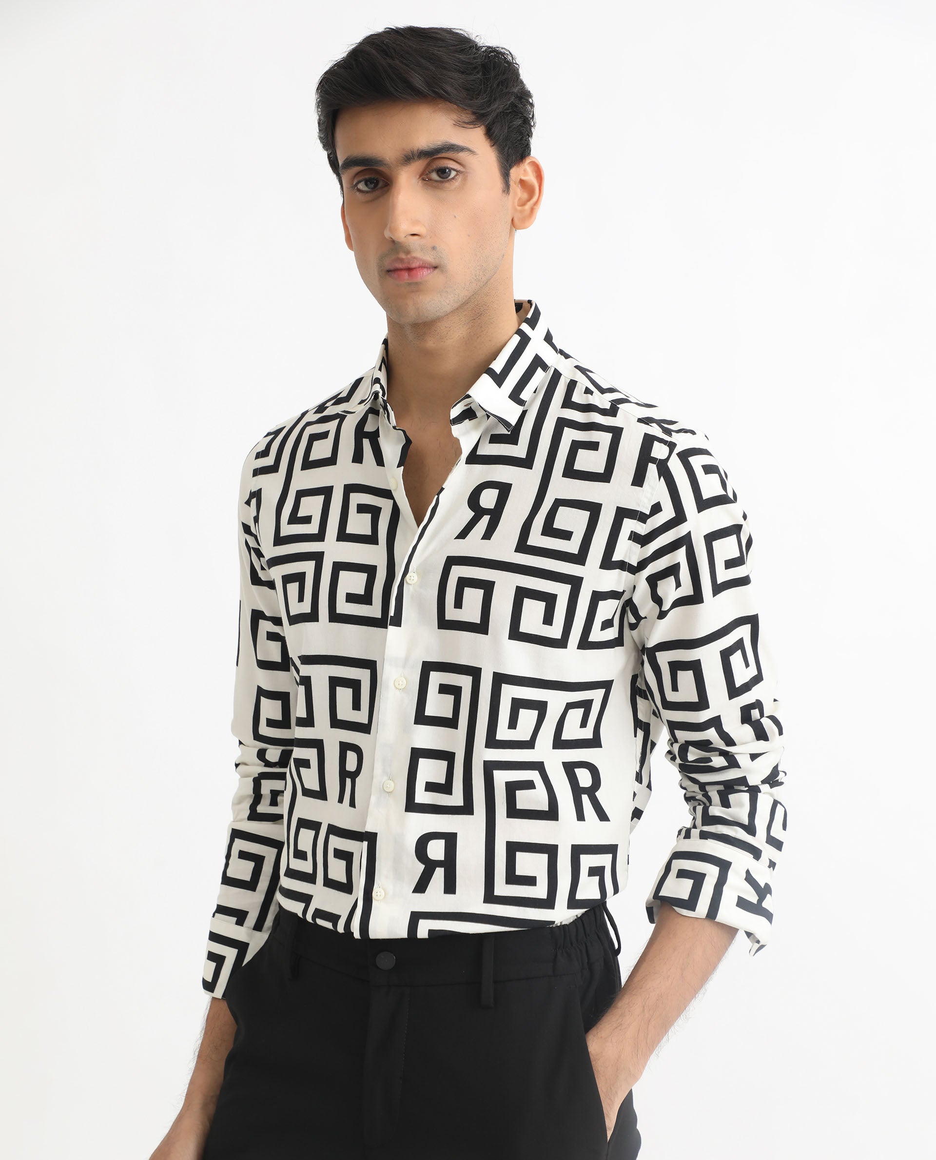 Rare Rabbit Men's Cruz Off White Cotton Viscose Fabric Full Sleeves Regular Fit Monogram Print Shirt - view 5