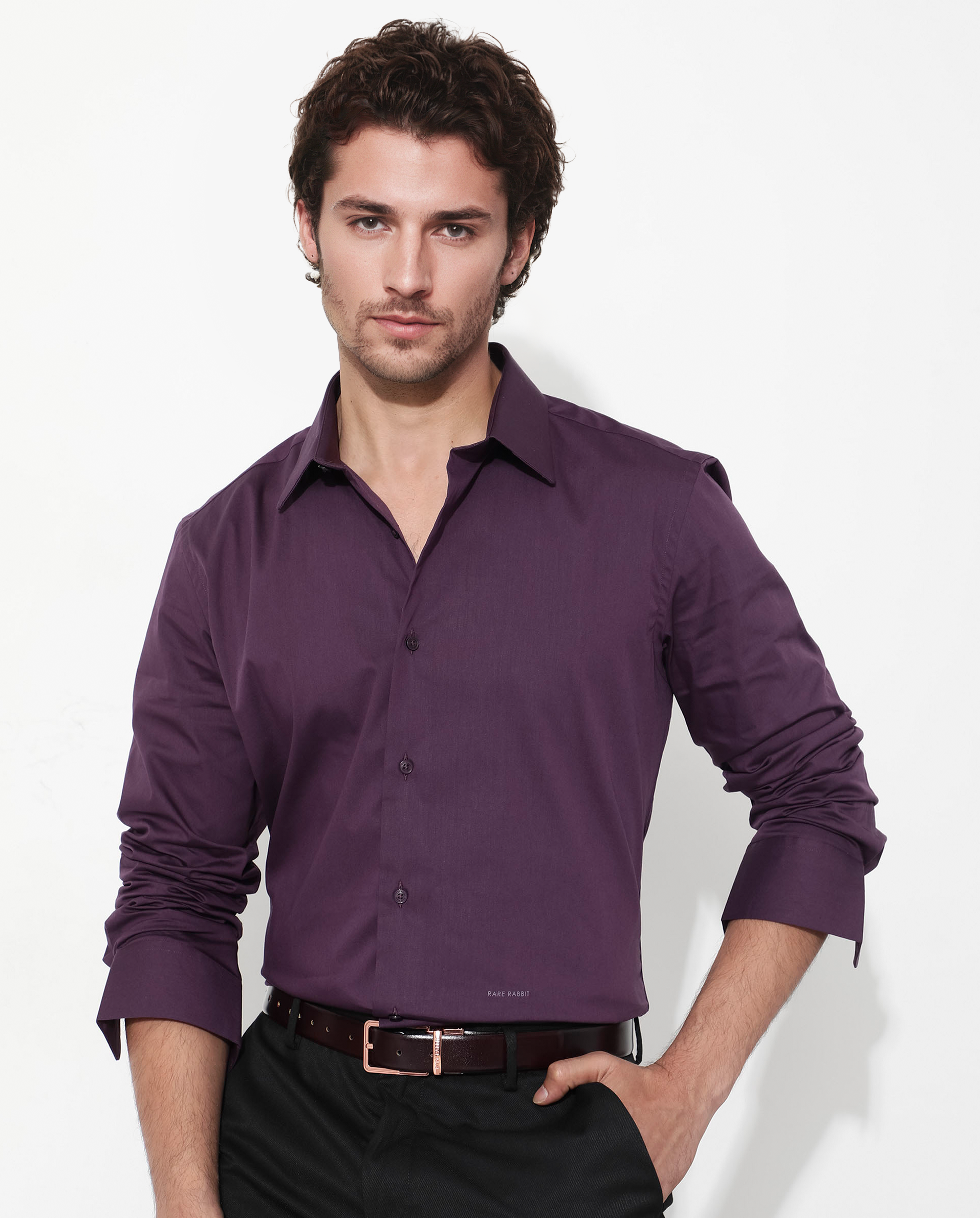 Rare Rabbit Men's Benedict Dark Purple Cotton Poly Elastane Blend Fabric Full Sleeve Solid Formal Shirt - view 8