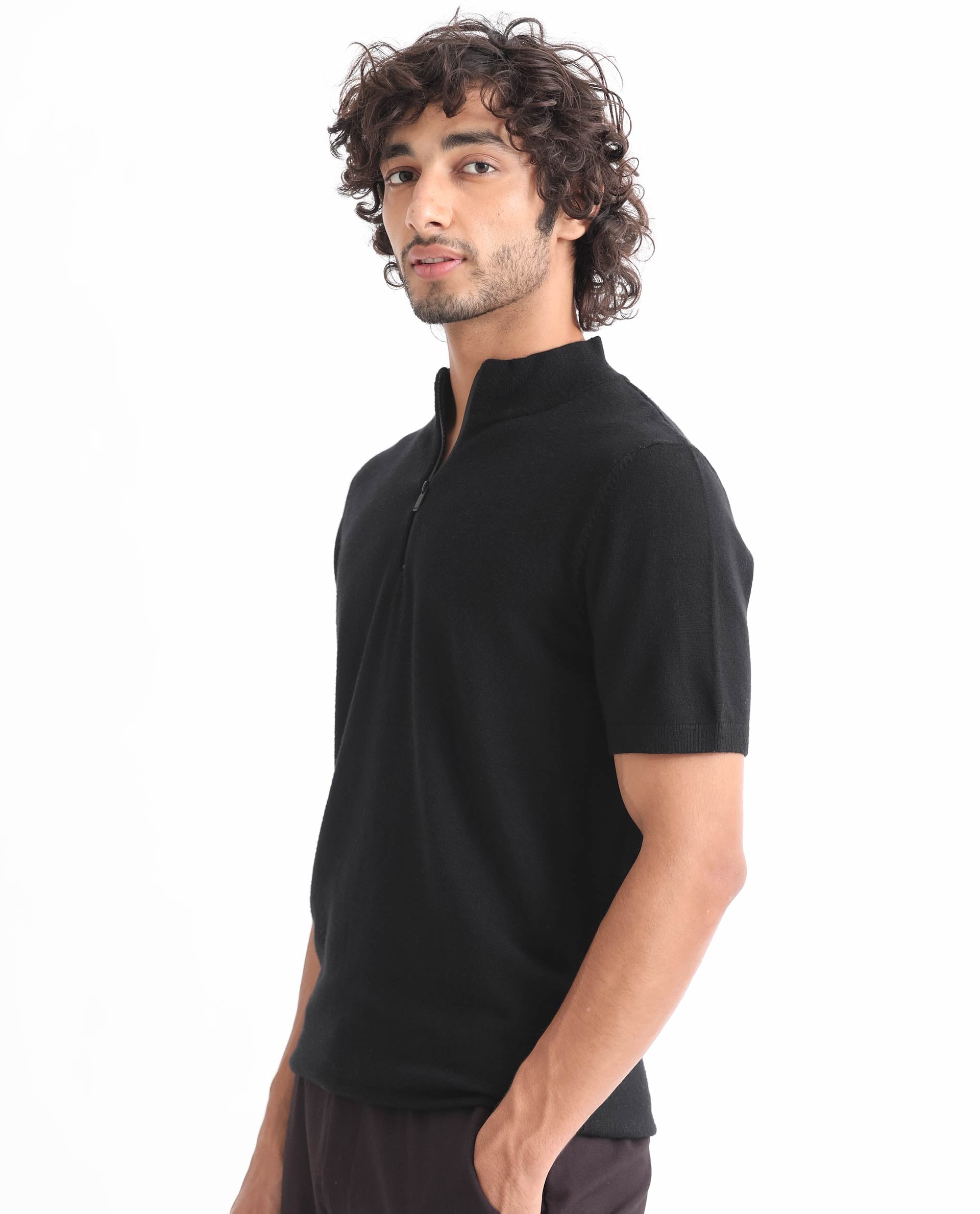 Rare Rabbit Men's Alfet Z Black Half Sleeves High Neck Zipper Collar Knitted T-Shirt - view 5