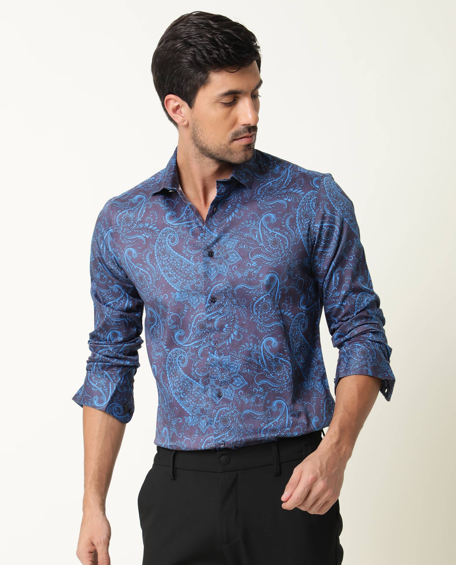 Rare Rabbit Men's Enchan Navy Cotton Fabric Paisley Print Full Sleeves Shirt - view 4