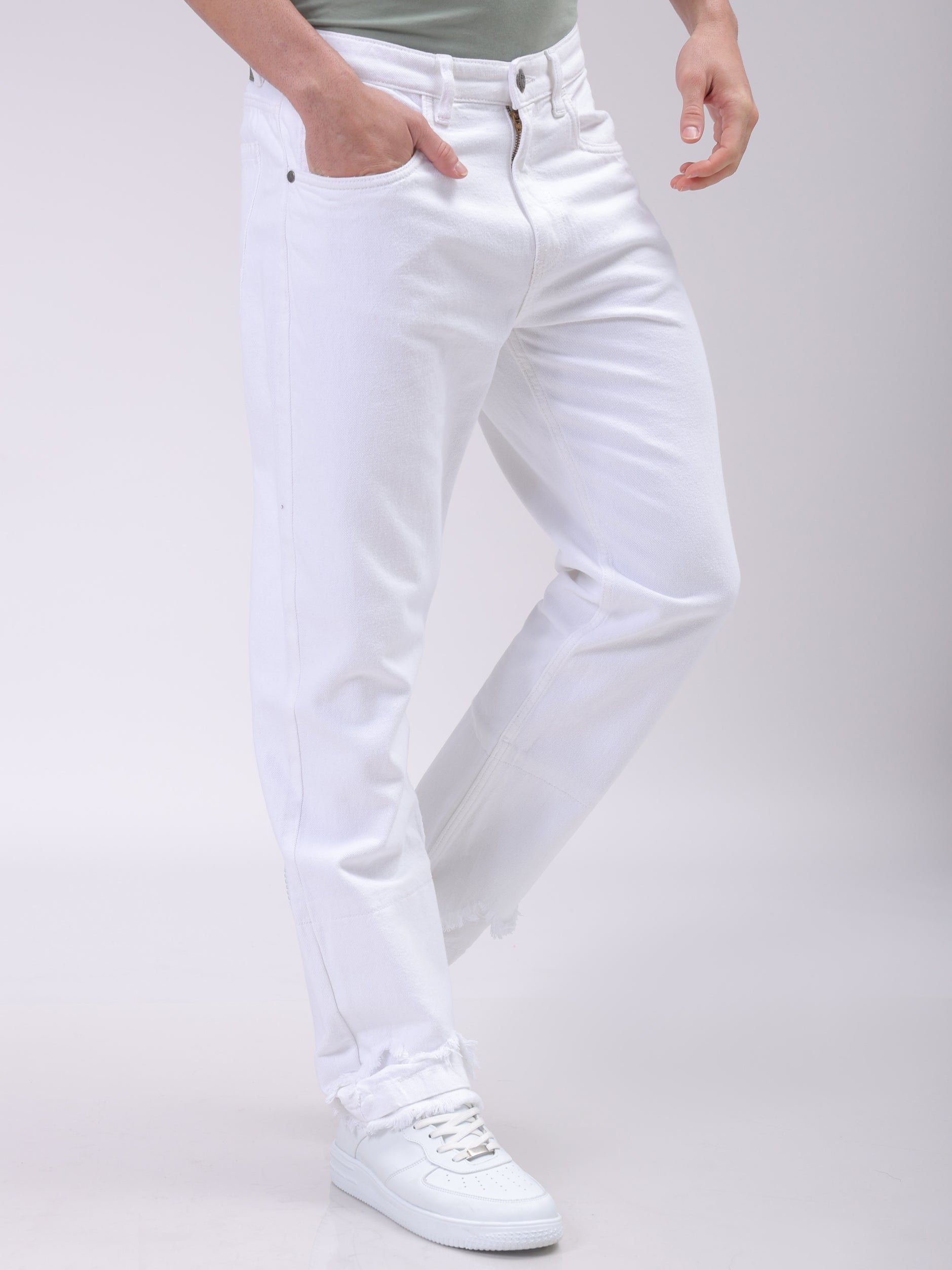 The Indian Garage Co Men's White Vintage Straight Fit Solid Distressed Jeans - view 4