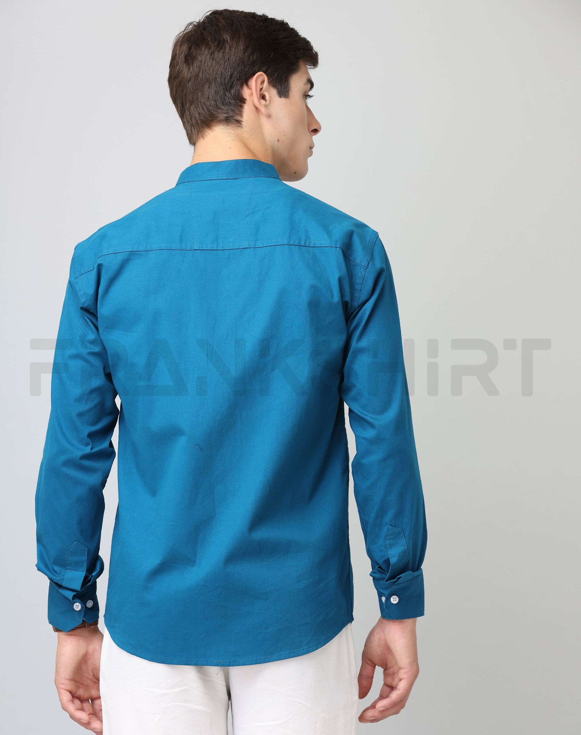 BlackTree Frankshirt Chinese Collar Peacocke Blue Solid Tailored Fit Cotton Casual Shirt for Man - view 6