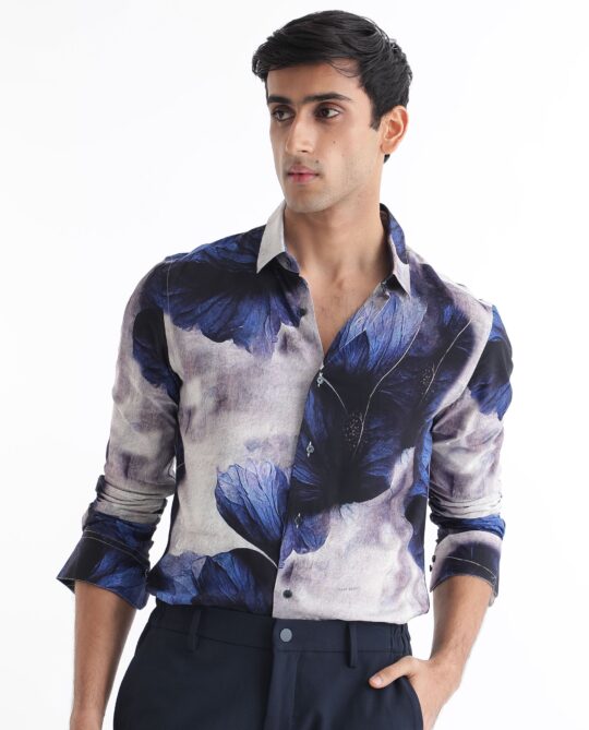 Rare Rabbit Men's Brims Purple Viscose Fabric Floral Print Full Sleeves Shirt