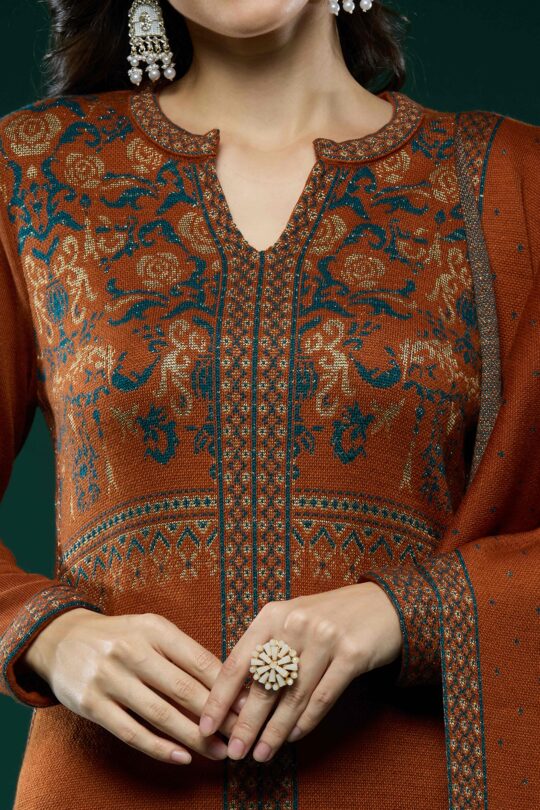 Peachmode Dark Rust Floral Woolen Salwar Suit - view 2