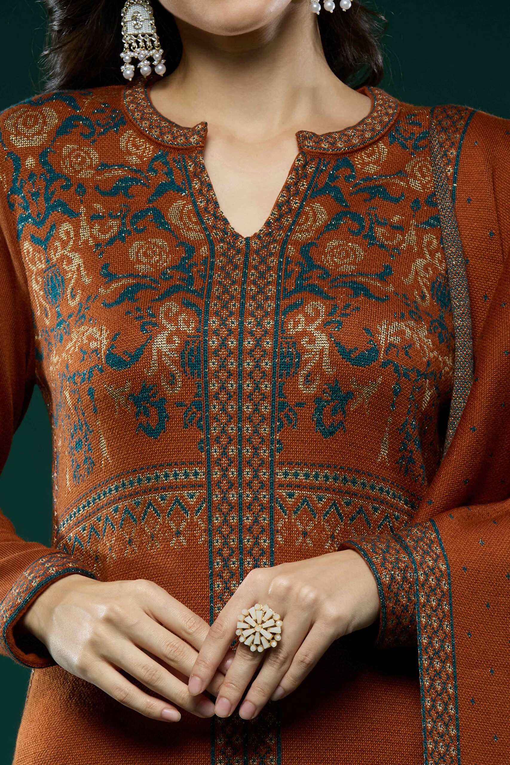 Peachmode Dark Rust Floral Woolen Salwar Suit - view 2