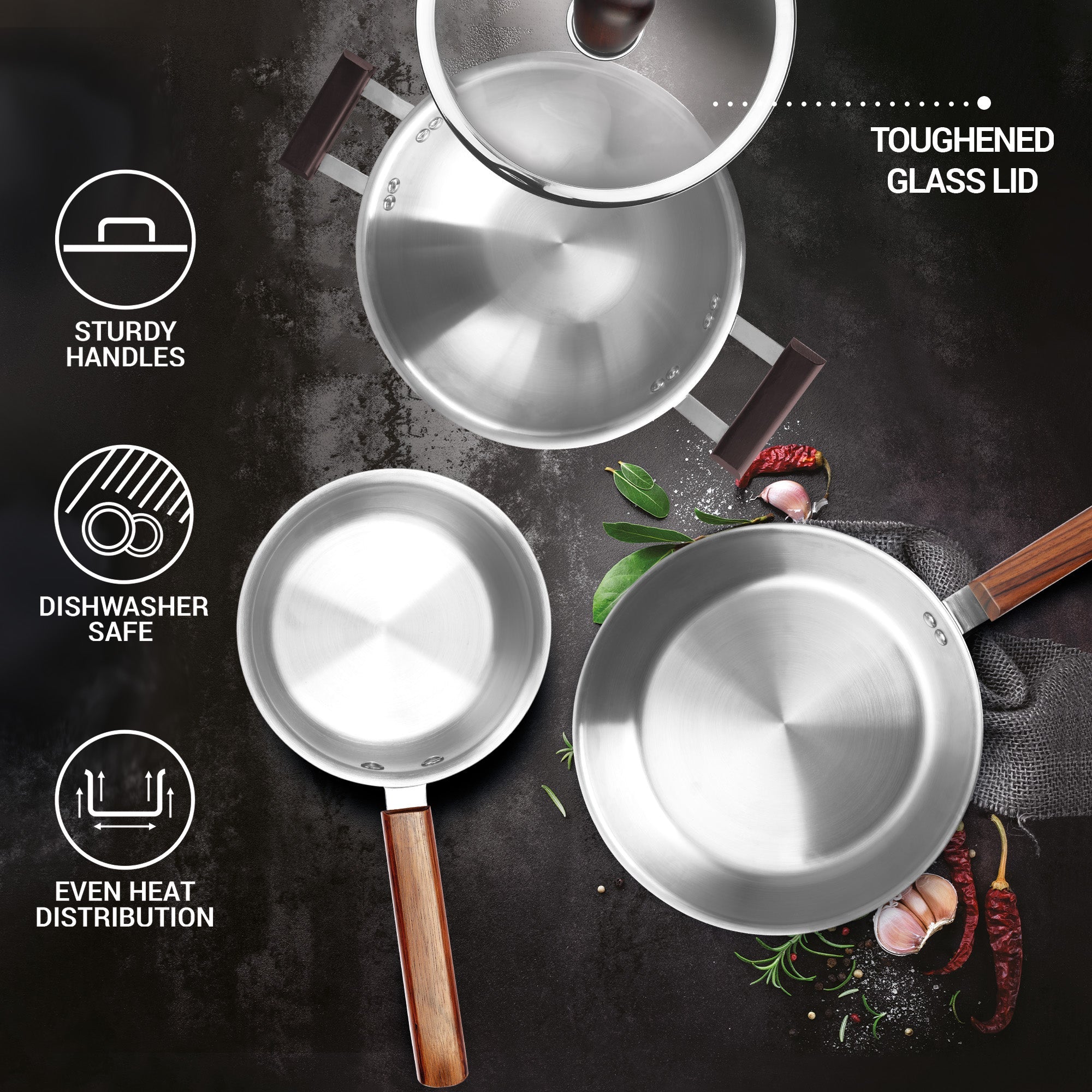 Triply 4Pc Set Sauce Pan/Frying Pan/Kadhai W Gls Lid Wooden Handle (Milton Procook) - view 7