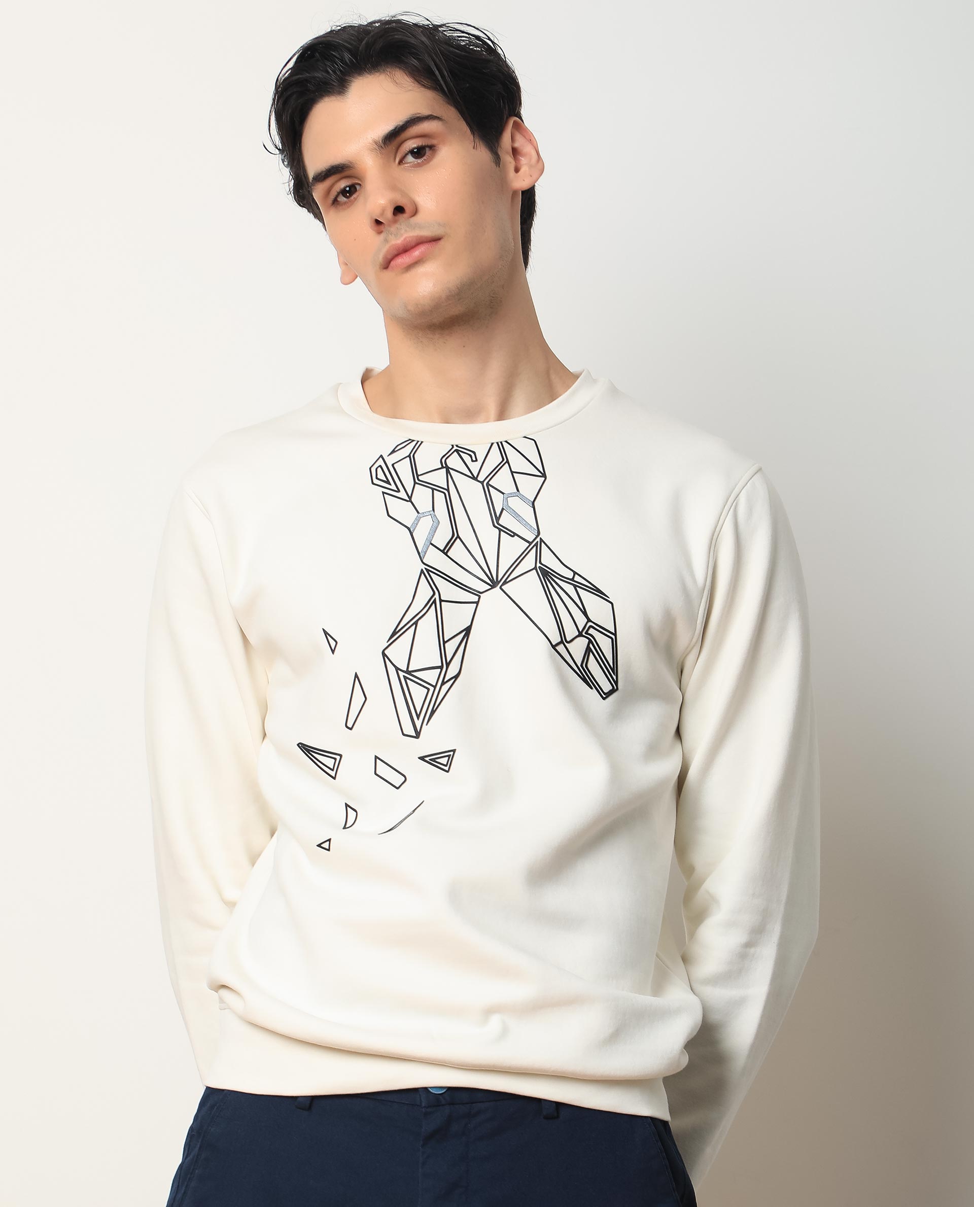 Rare Rabbit Mens Oakk Off White Full Sleeves Crew Neck Graphic Logo Print Sweatshirt - view 3