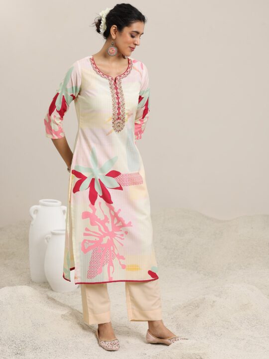 Libas Cream Printed Cotton Blend Straight Suit With Dupatta - view 2