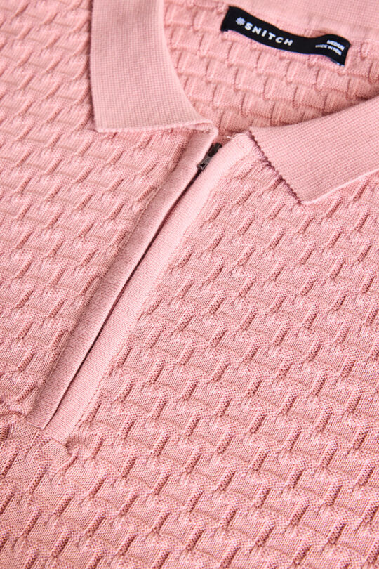 SNITCH Light Pink Zipper Knitted Polo T-Shirt - view 2