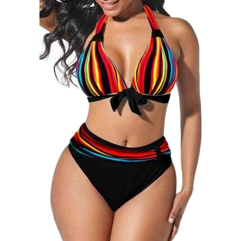 Neon Striped Bikini Set Push Up for Women's.