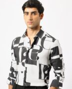 Rare Rabbit Men's Hydro White Viscose Fabric Graphic Print Full Sleeves Statement Shirt