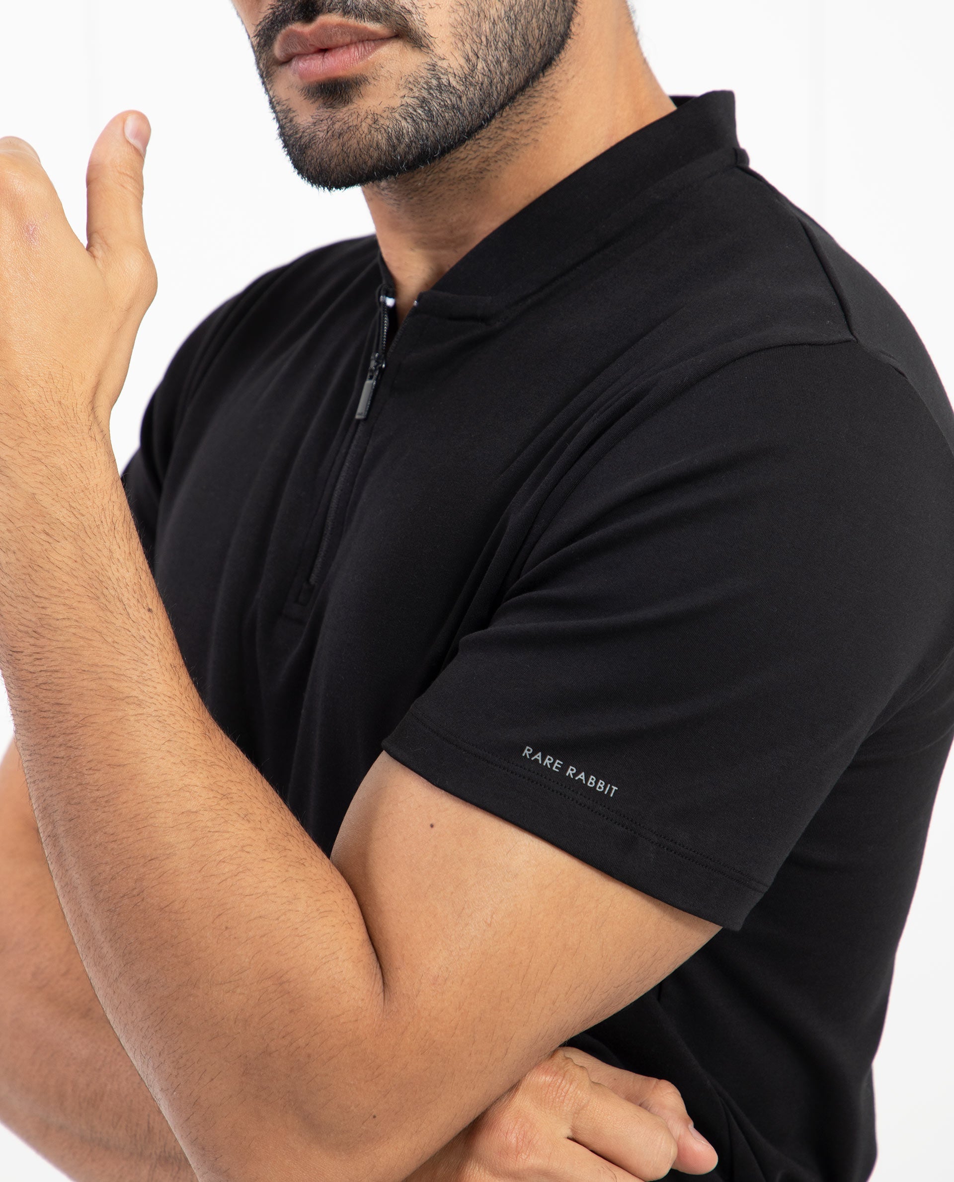 Rare Rabbit Men's Temper Black Cotton Fabric Baseball Stand Collared Neck Zipper Closure Half Sleeves Polo T-Shirt - view 6