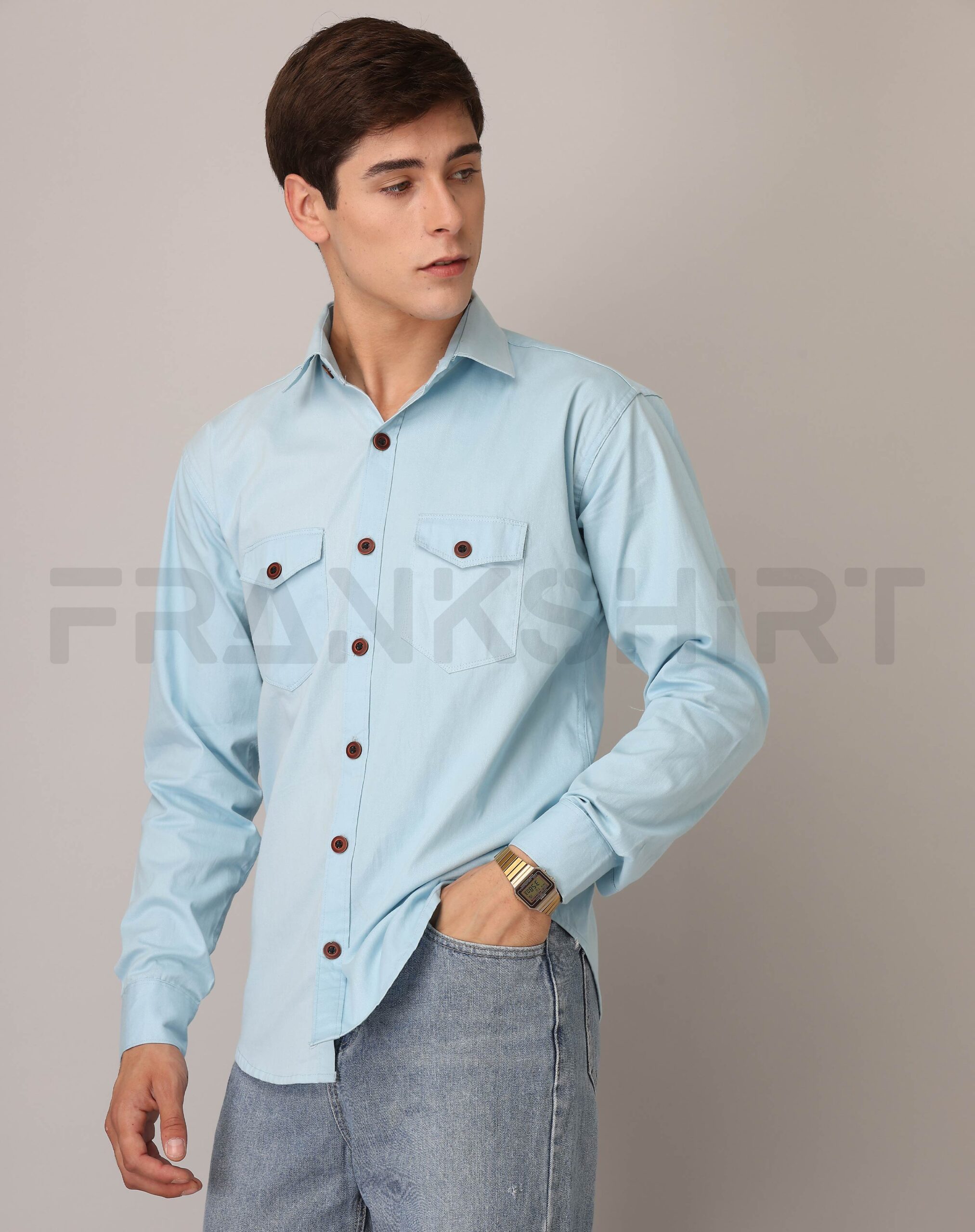 BlackTree Frankshirt Double Pocket Light Blue Solid Tailored Fit Cotton Casual Shirt for Man - view 3