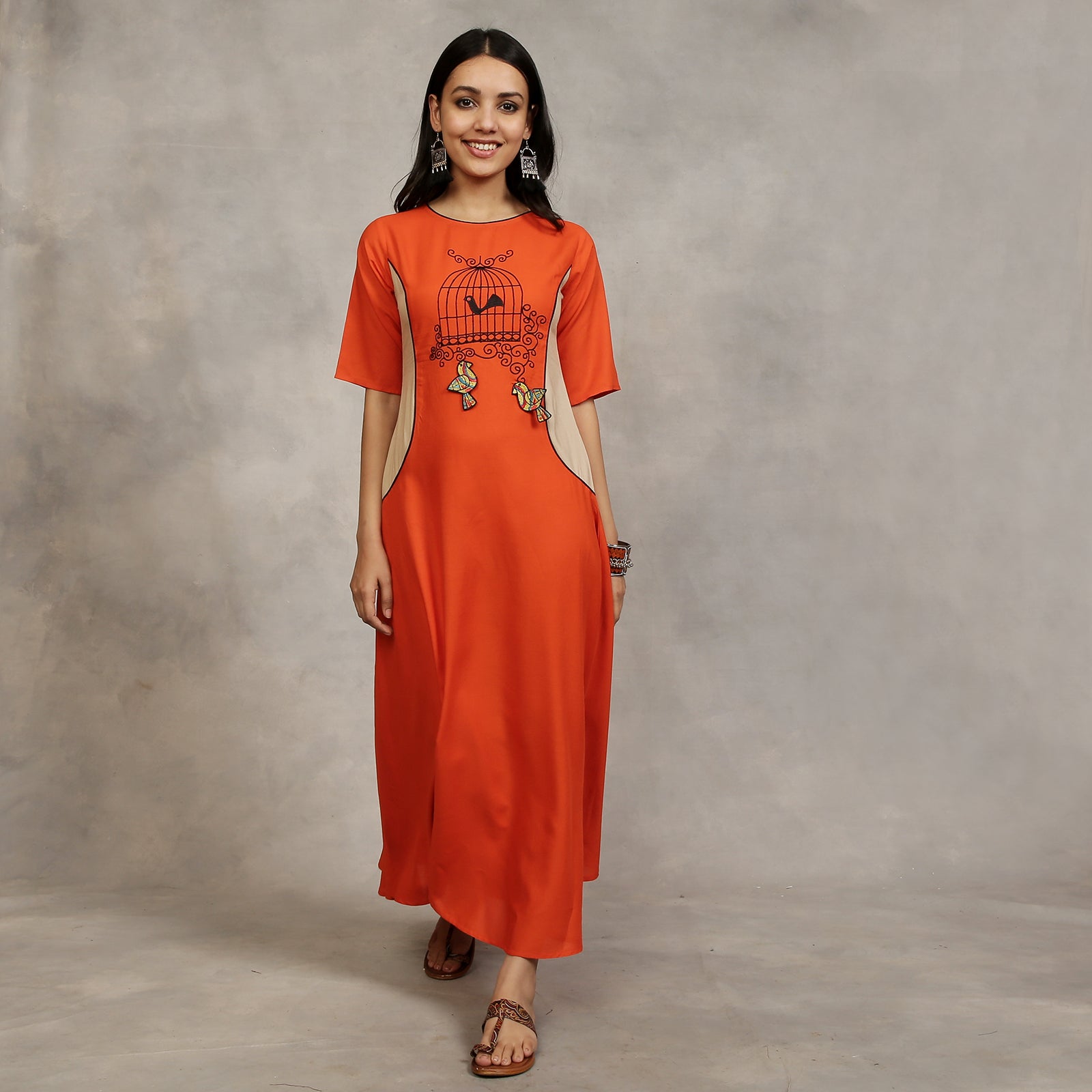 BlackTree Orange and Beige Embroidered Princess Panel Dress - view 3