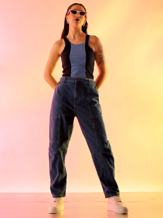 Freehand By The Indian Garage Co Women's Blue Solid Anti Fit Utility Jeans - view 2