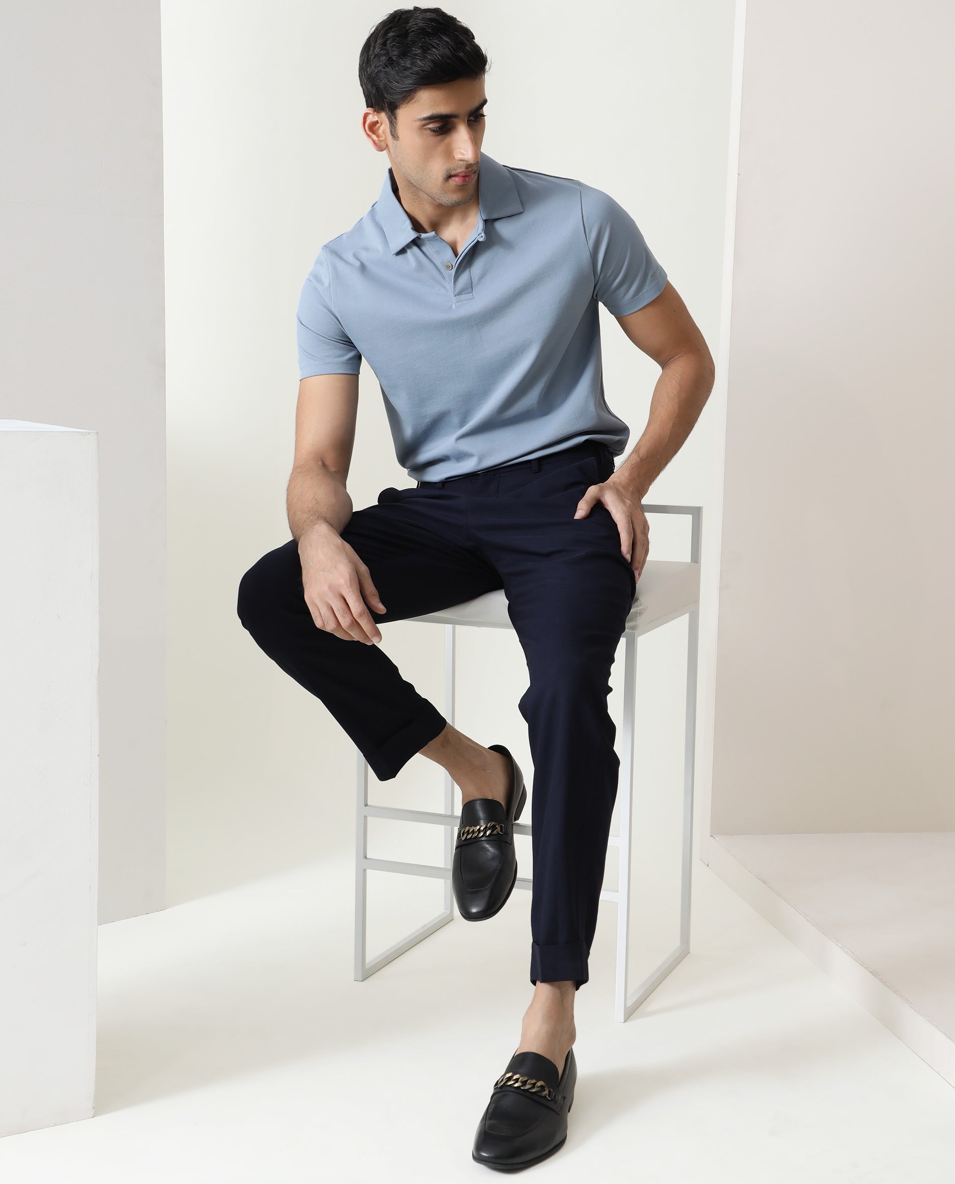 Rare Rabbit Men'S Zeny Blue Cotton Fabric Collared Neck Half Sleeves Button Closure Polo T-Shirt - view 5