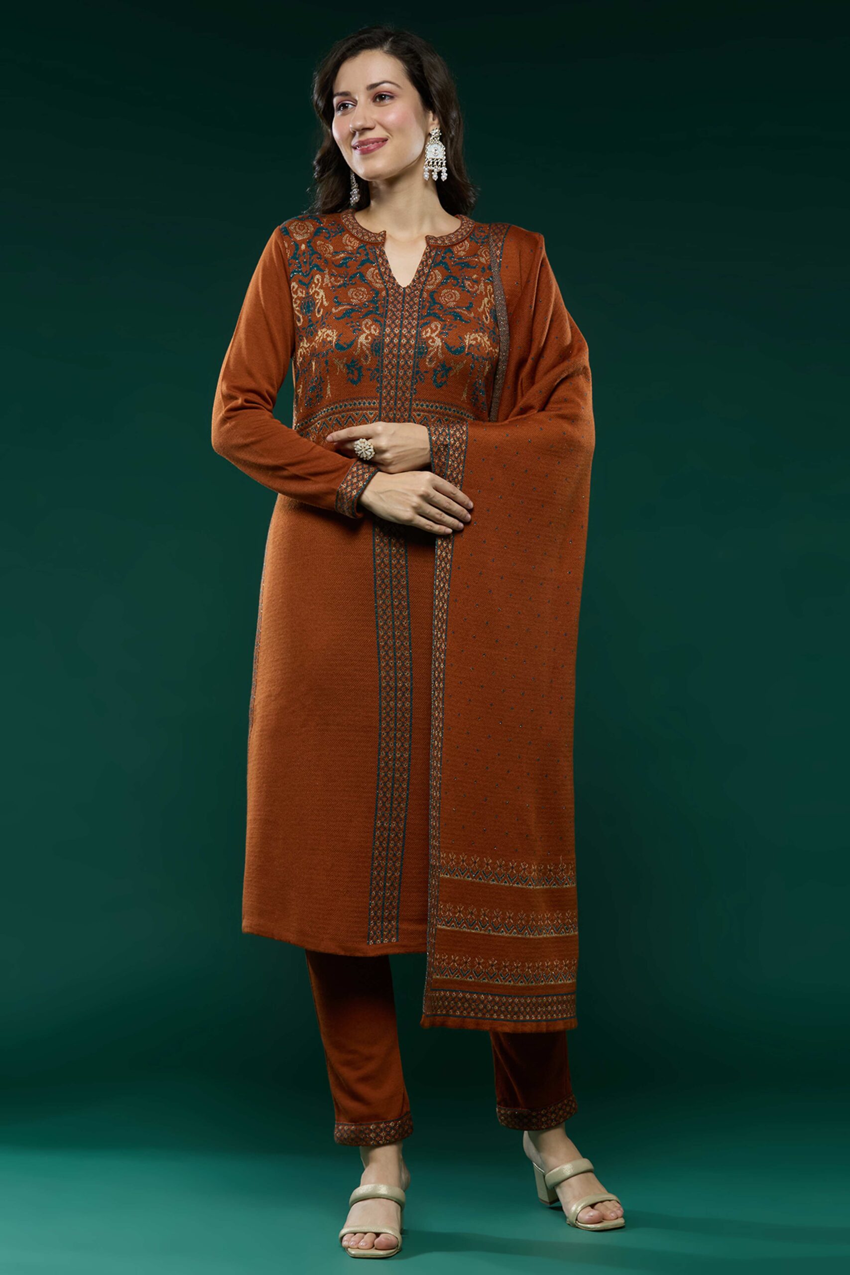 Peachmode Dark Rust Floral Woolen Salwar Suit - view 3