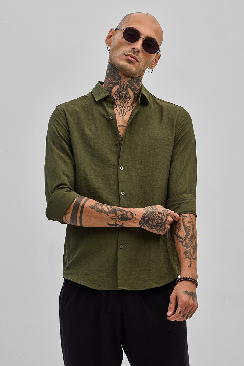 SNITCH Olive Slim Fit Linen Shirt