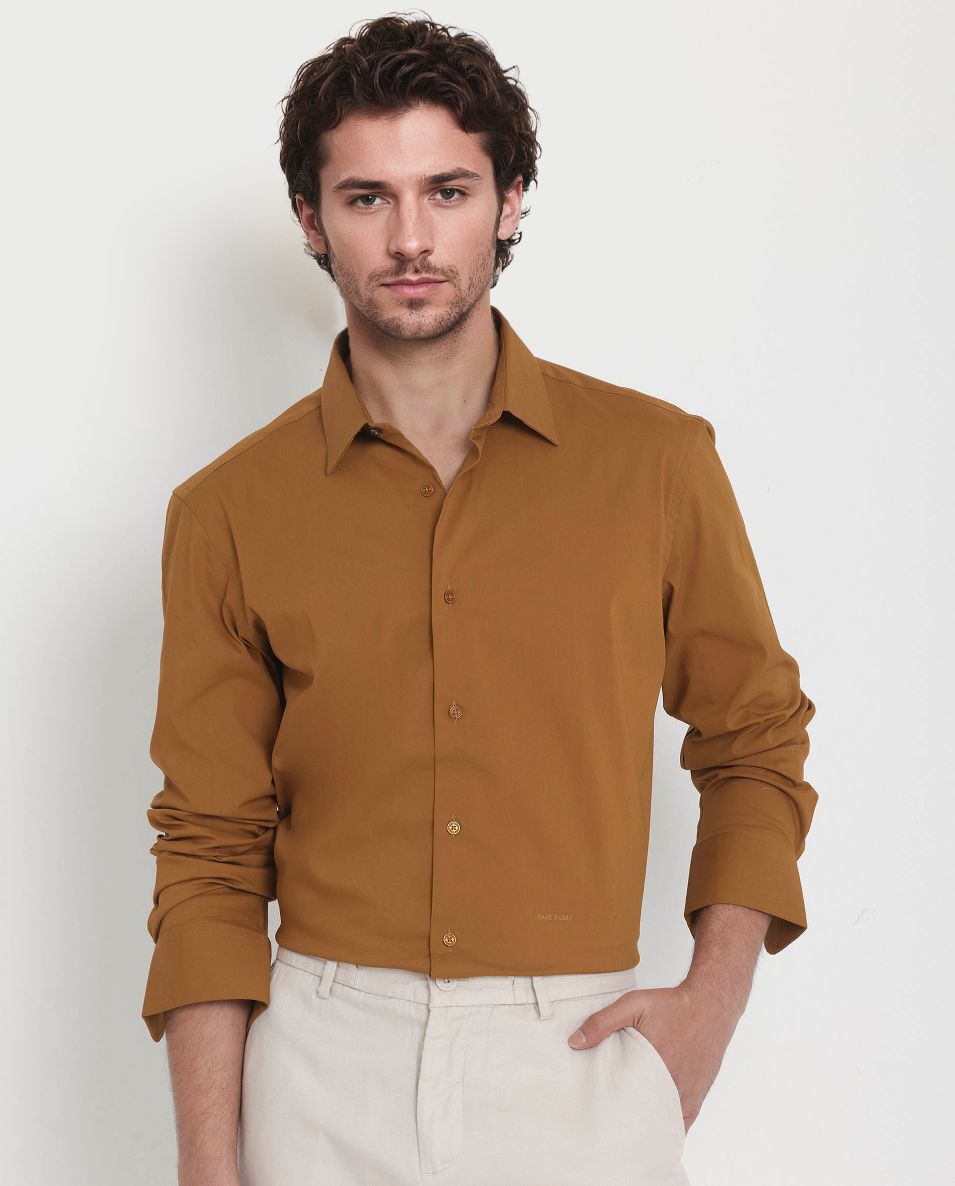 Rare Rabbit Men's Benedict Mustard Cotton Poly Elastane Blend Fabric Full Sleeve Solid Formal Shirt - view 3