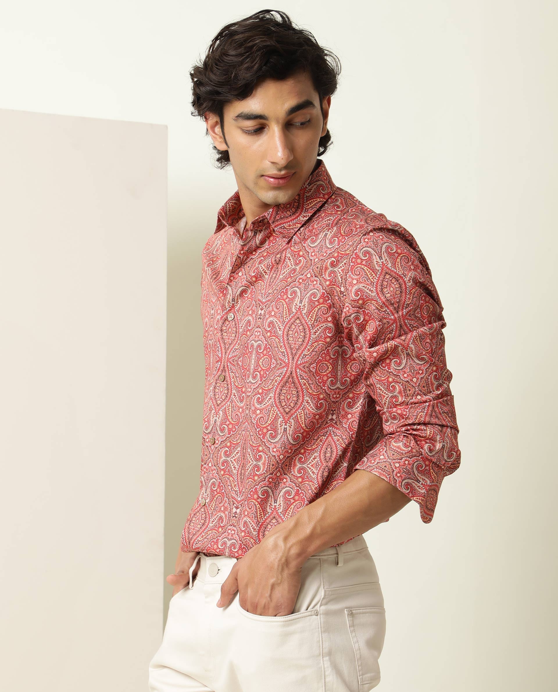 Rare Rabbit Men's Moire Red Cotton Fabric Paisley Print Full Sleeves Shirt - view 7