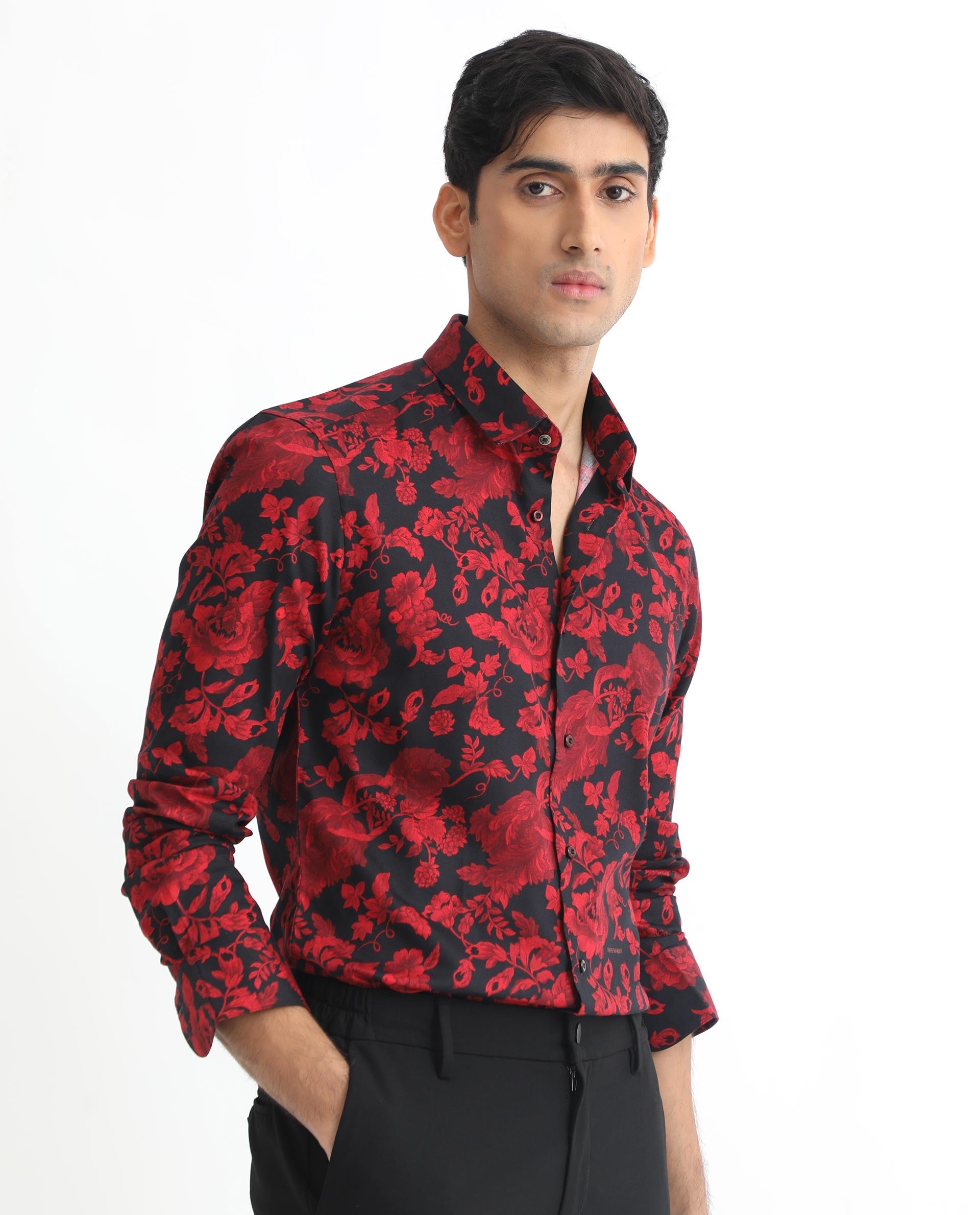 Rare Rabbit Men's Reet Red Cotton Modal Fabric Floral Print Full Sleeves Shirt - view 8