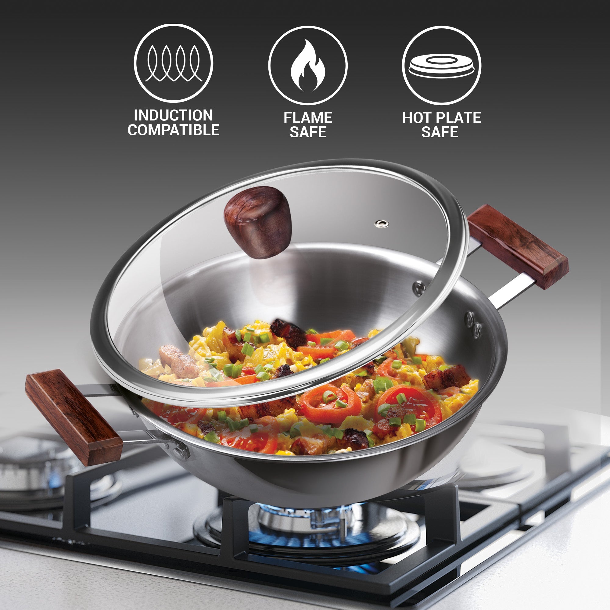 Triply 4Pc Set Sauce Pan/Frying Pan/Kadhai W Gls Lid Wooden Handle (Milton Procook) - view 3
