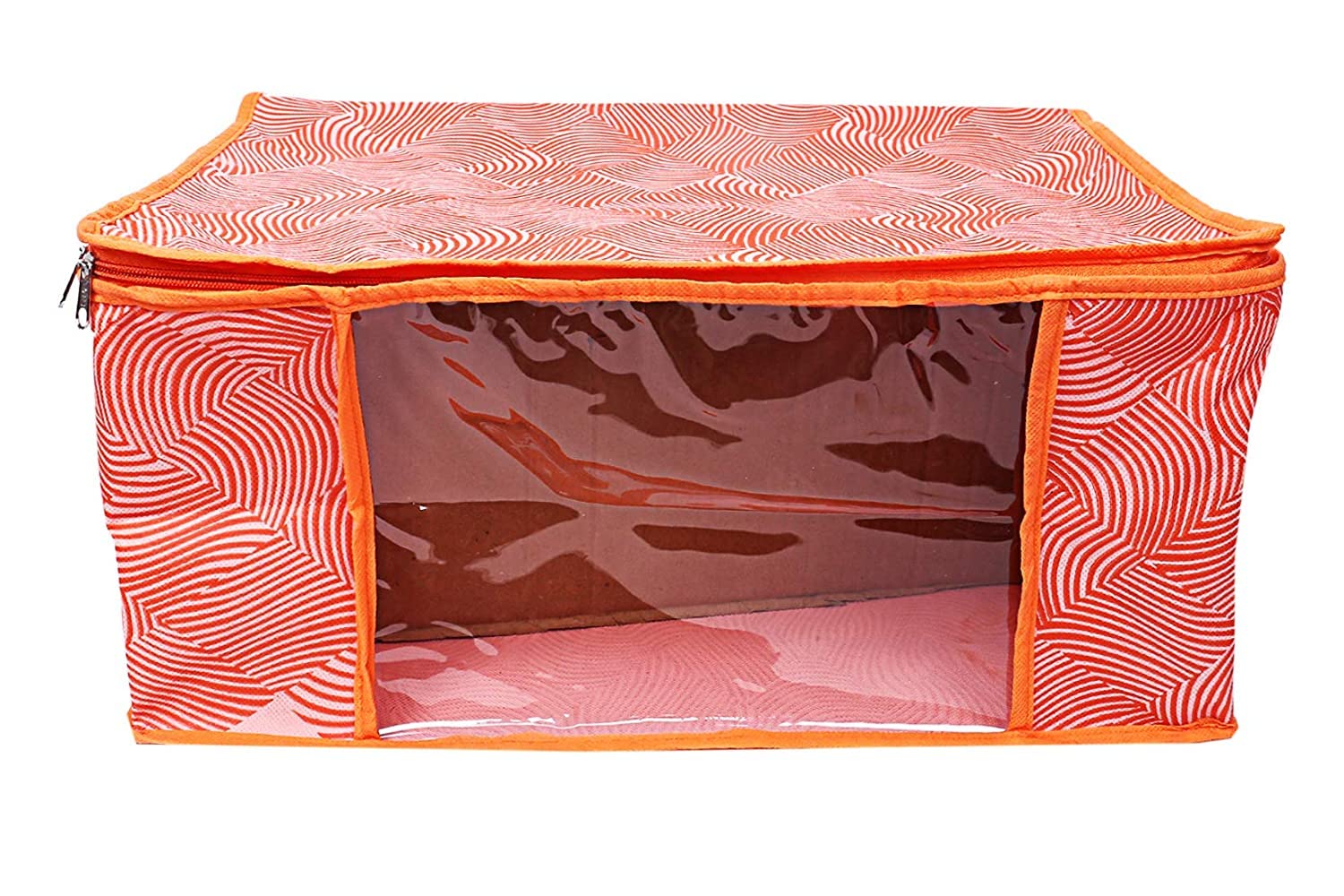 Heart Home Lahariya Design Non-woven Foldable Saree Cover/Clothes Storage Bag/Wardrobe Organizer With Transparent Window- Pack of 3 (Orange)-44HH0377 - view 5