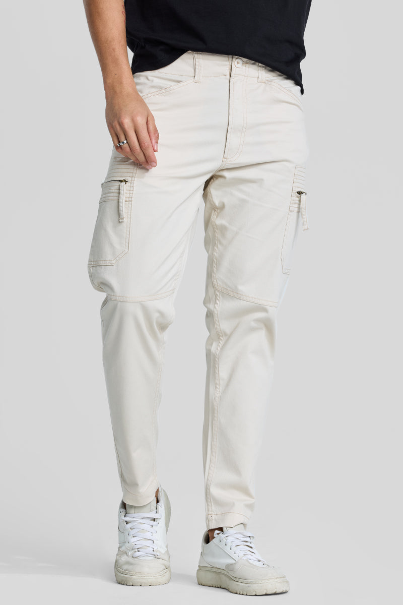 SNITCH Off White Slim Fit Cargo Pants - view 4