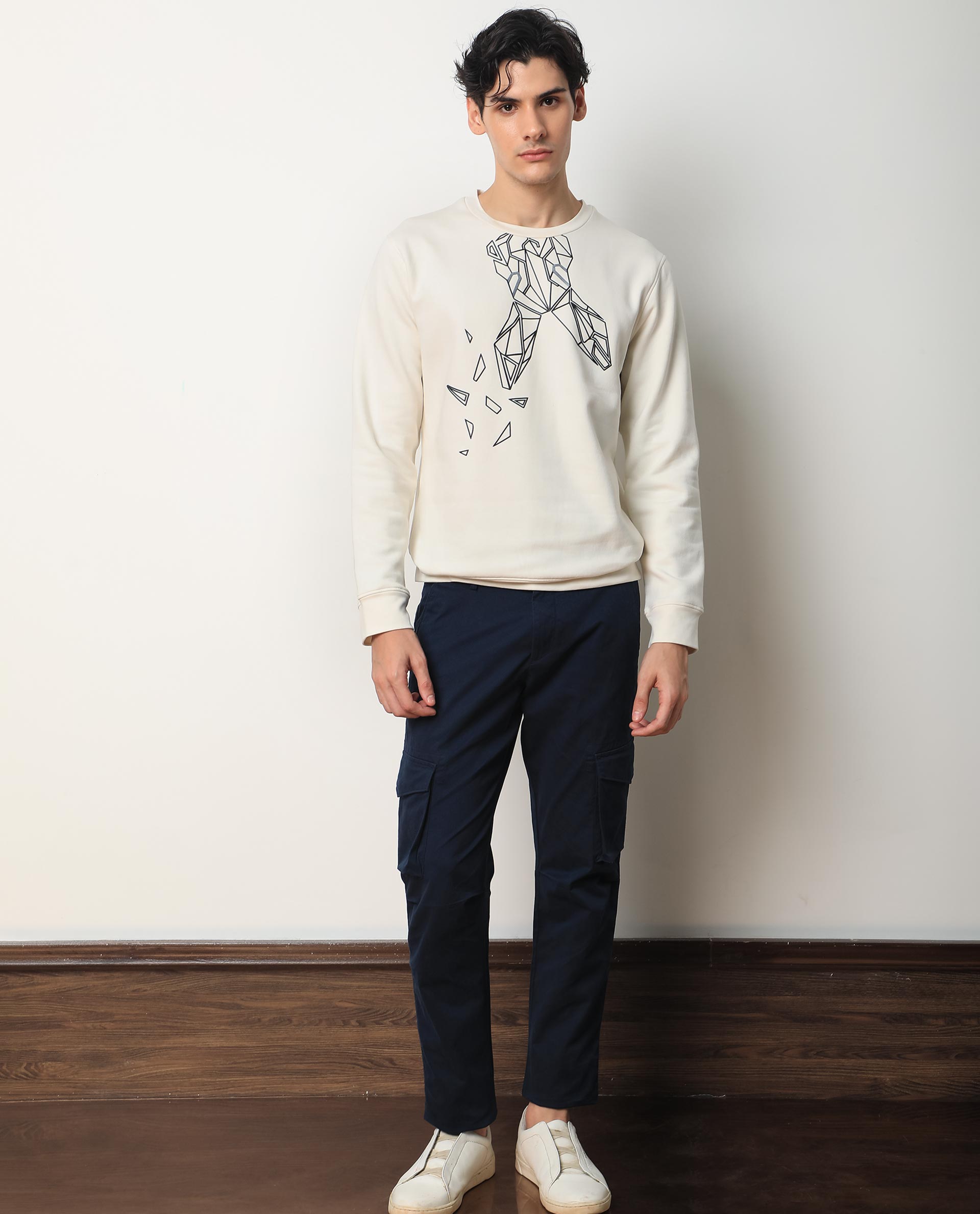 Rare Rabbit Mens Oakk Off White Full Sleeves Crew Neck Graphic Logo Print Sweatshirt - view 4