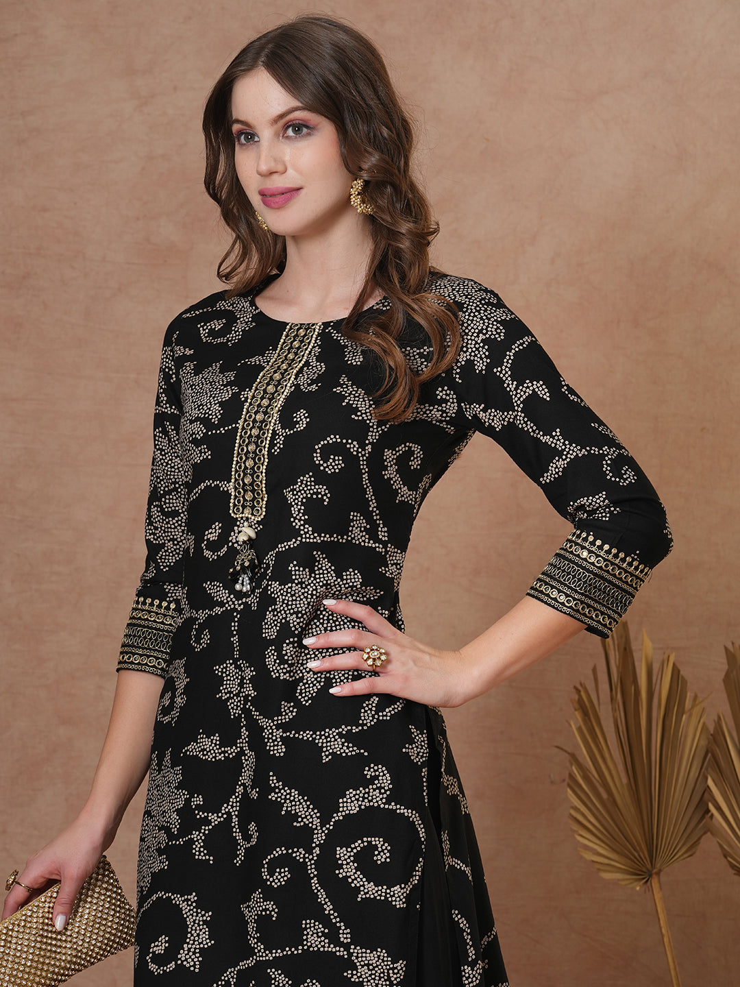 FASHOR Ethnic Bandhani Printed Straight Fit Kurta with Palazzo - Black - view 2