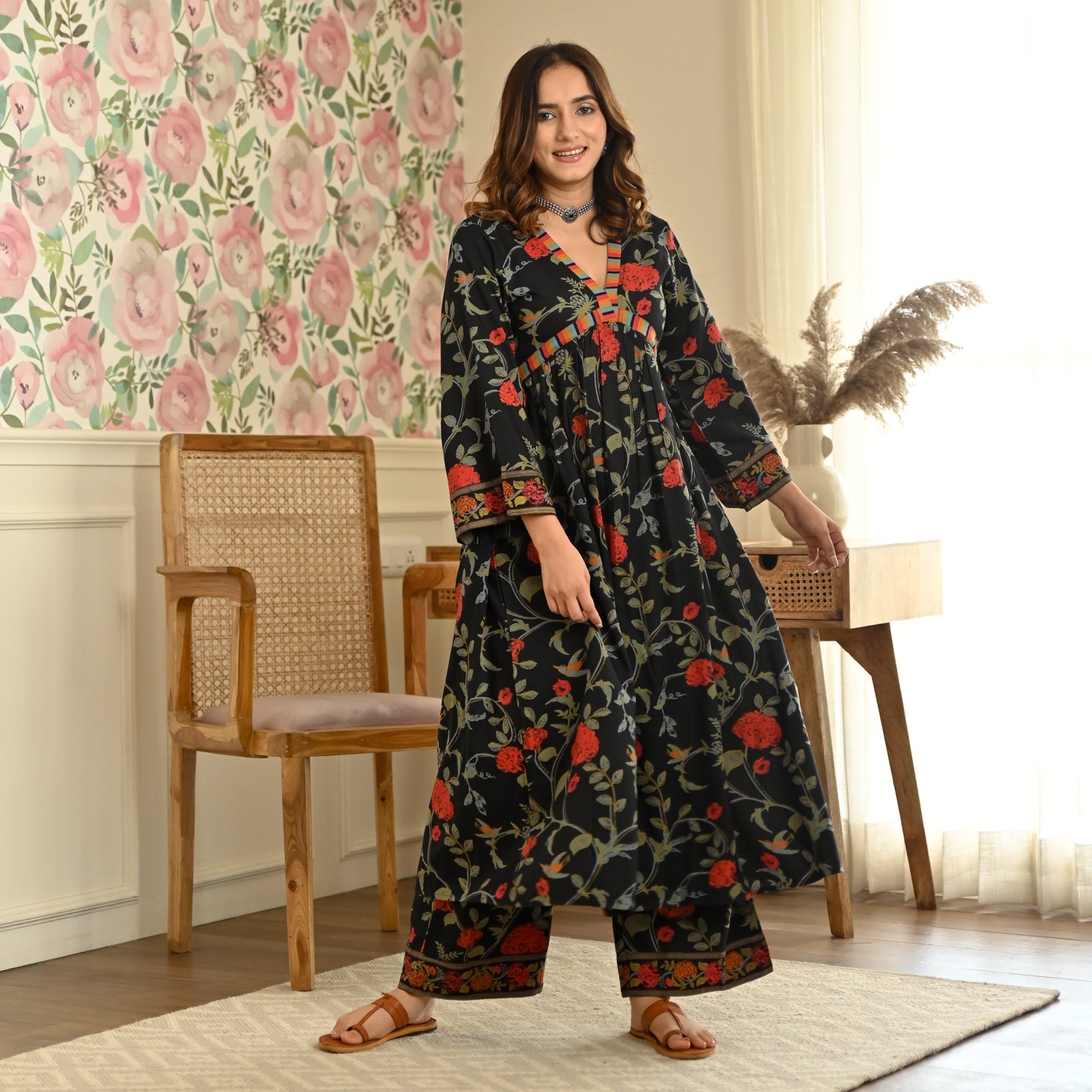 BlackTree Black Front Gathered Kurta Pant Set - view 5