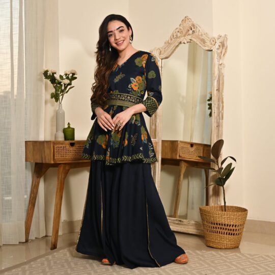 BlackTree Indigo Floral Sharara Set with Gota Detailing