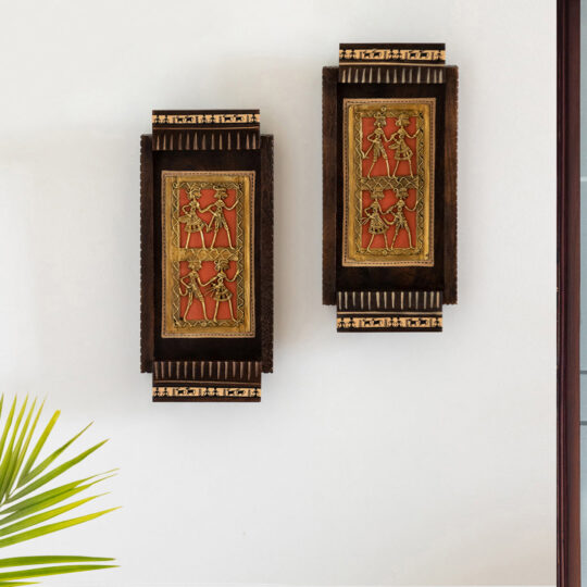 EXCLUSIVELANE 'Tribal Dhokra Art' Handcrafted Wall Décor Hanging In Mango Wood (Set Of 2, 10.9 Inch, Hand-Painted)